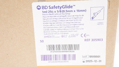 BD 305903 SafetyGlide Injection Ndle w/Luer Slip Syringe 1ml 25Gx5/8in-Box of 50